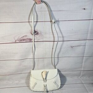 Leather Crossbody Bag Shell Accent White Purse Small‎ -  Handmade Boho Chic